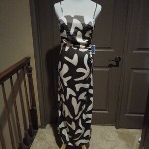 NWT Long strappy maxi dress, brown and taupe geometric, satiny, size XS